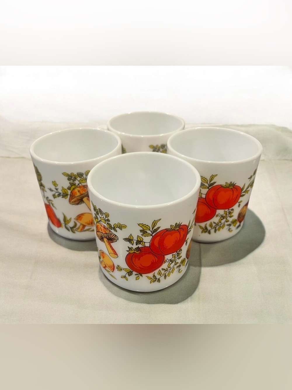 Vintage 1970 Arcopal France "Spice of Life" milk glass with vegetable pattern.